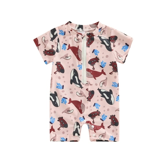 Bslissey Toddler Baby Boys One Piece Swimsuit Whale Print Short Sleeve Swimwear Jumpsuit Infant Casual Zipper Rash Guard Bathing Suit Summer Beach Wear 0-4 Years