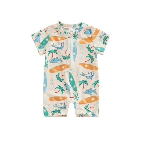 Bslissey Toddler Baby Boys One Piece Swimsuit Whale Print Short Sleeve Swimwear Jumpsuit Infant Casual Zipper Rash Guard Bathing Suit Summer Beach Wear 0-4 Years