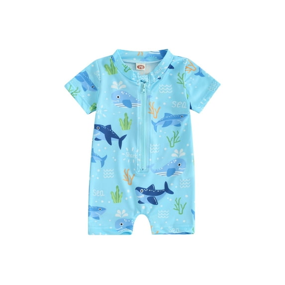 Bslissey Toddler Baby Boys Rash Guard Swimsuit Cute Print Short Sleeve Zipper Bathing Suit Infant Crew Neck One Piece Swimwear Summer Beach Wear 3M 6M 12M 18M 24M 3T