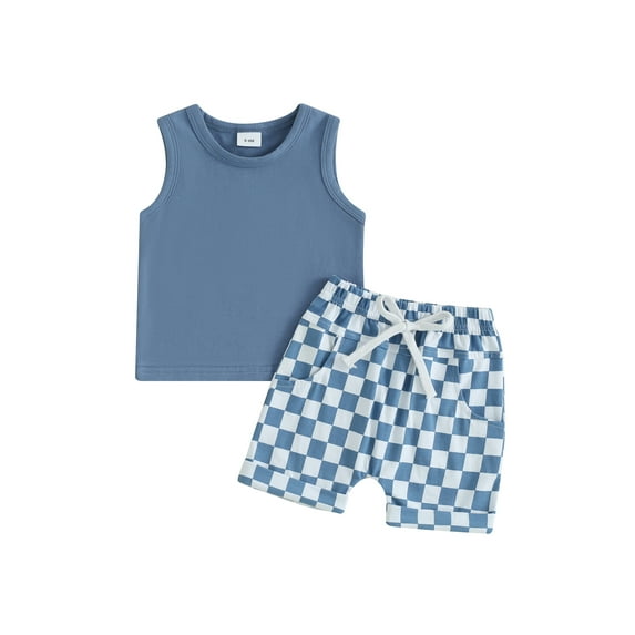 Bslissey Toddler Baby Boys Short Pants Sets Solid Color Sleeveless Tank Tops + Checkerboard Elastic Waist Shorts 6M 12M 18M 24M 3T Infant Summer 2Pcs Casual Outfits