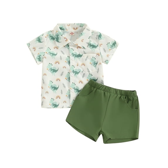 Bslissey Toddler Baby Boys Shorts Sets Cute Dinosaur/Car Print Short Sleeve Button Shirt + Solid Color Shorts 2Pcs Outfits Infant Casual Summer Clothes 6 Months-3 Years