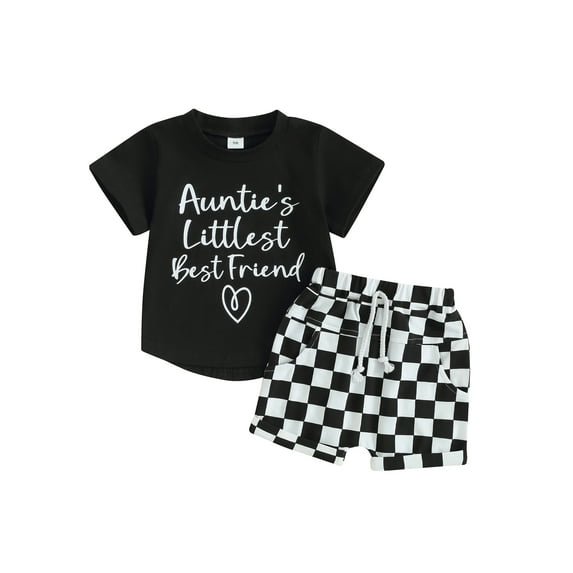 Bslissey Toddler Baby Boys Summer Clothes Short Sleeve Letter Print T-shirt Tops + Checkerboard Print Shorts 2Pcs Outfits Infant Casual Summer Shorts Sets 0-3 Years