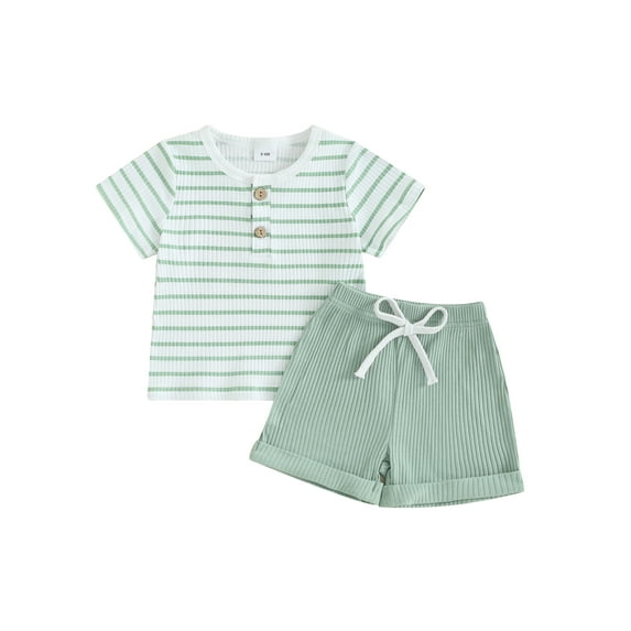 Bslissey Toddler Baby Boys Summer Clothes Short Sleeve Stripe Print T-shirt Tops + Solid Color Elastic Waist Shorts 6M 12M 18M 24M 3T Infant Casual Short Pants Sets