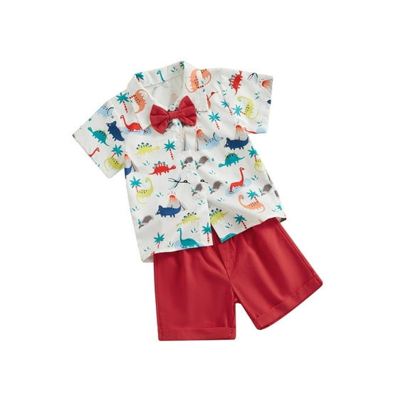 Bslissey Toddler Baby Boys Summer Gentleman Outfits Little Boy Dinosaur Print Short Sleeve Button Shirt + Shorts + Bowtie 3Pcs 6M-4T Kids Casual Shorts Sets