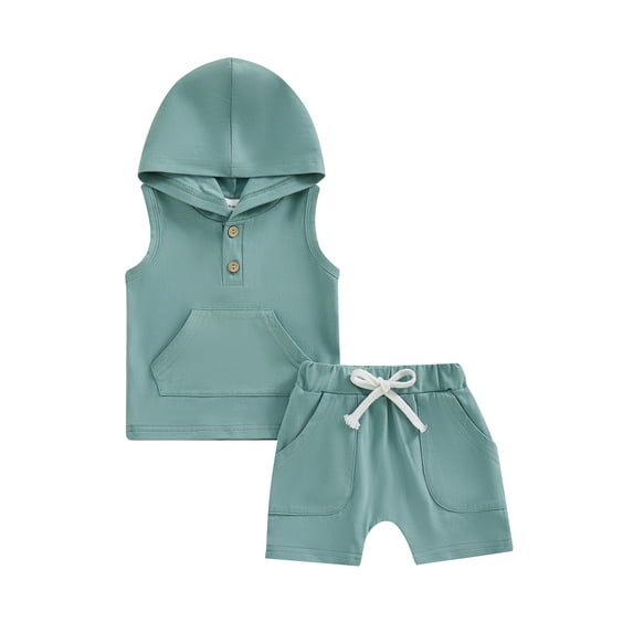 Bslissey Toddler Baby Boys Summer Outfits Solid Color Sleeveless Pocket Hooded Vest + Elastic Waist Shorts 2Pcs Infant Short Pants Sets for Casual Daily 0-3 Years