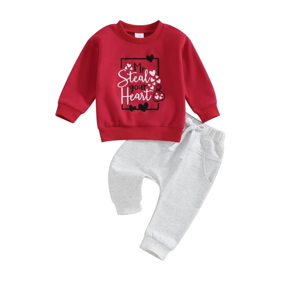 Bslissey Toddler Baby Boys Valentine's Day 2Pcs Outfits Long Sleeve Letter Heart Print Sweatshirt with Elastic Pants Sets Infant Boy Spring Fall Casual Clothes 3M-3T