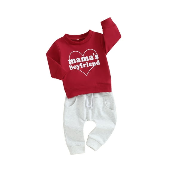 Bslissey Toddler Baby Boys Valentine's Day Clothes Sets Long Sleeve Letter Heart Print Sweatshirt + Solid Color Pants 2Pcs Casual Outfits for Infant 0-3 Years
