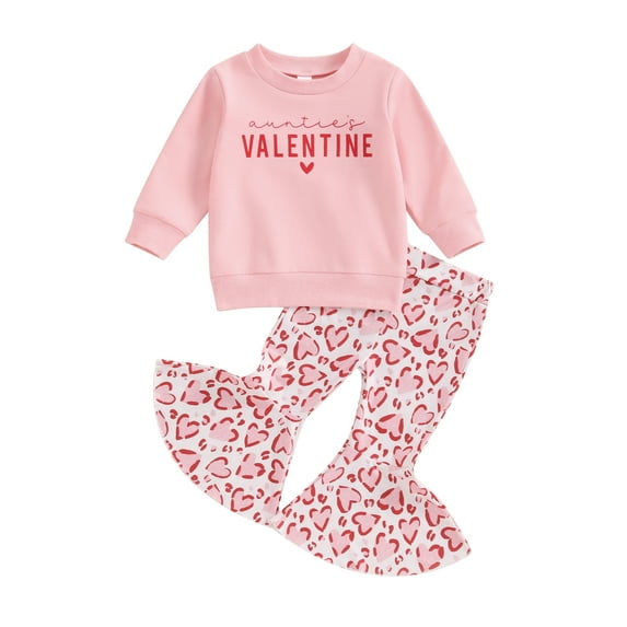 Bslissey Toddler Baby Girl Valentine's Day 2Pcs Outfits Infant Long Sleeve Letter Print Sweatshirt + Heart Print Flared Pants 6M 12M 18M 24M 3T 4T Kids Long Pants Set