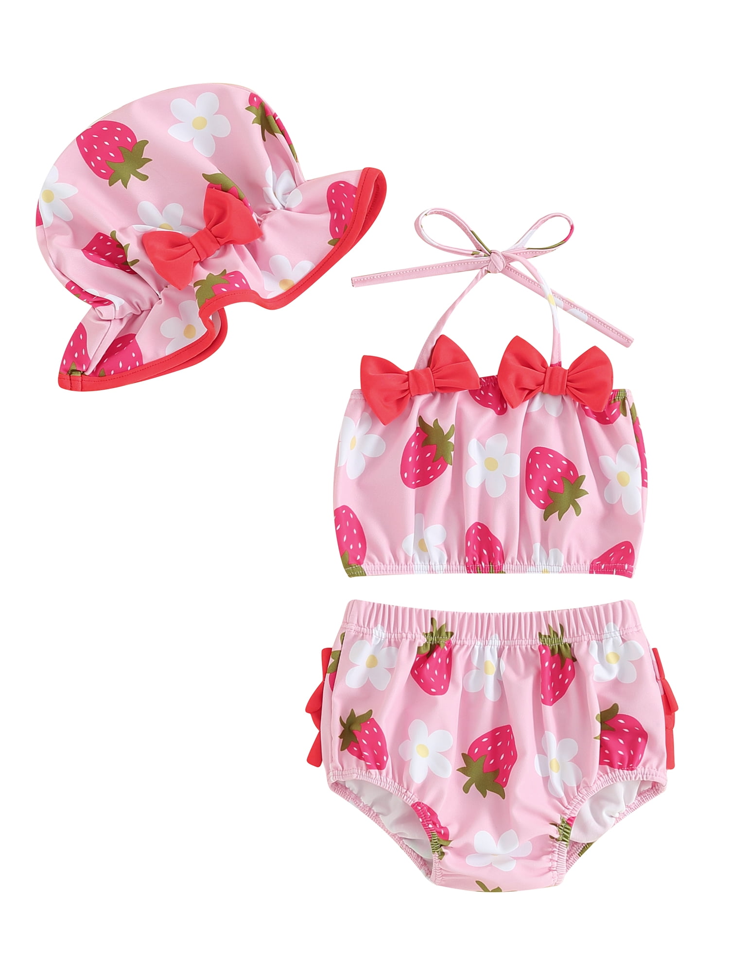 【threetimes】25HS★(S,M,L) Baby Shower Swim Top Bslissey Toddler Baby Girls 3Pcs Swimsuit Strawberry Print