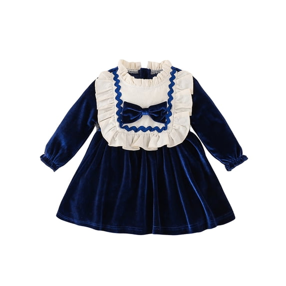 Bslissey Toddler Baby Girls Christmas Velvet Dress Long Sleeve Ruffled Mock Neck Patchwork A-line Dress Infant Casual Cute Princess Dress Daily Clothes 6 Months-3 Years