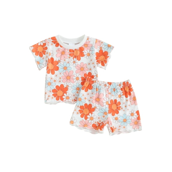 Bslissey Toddler Baby Girls Cute Shorts Sets Flower Print Short Sleeve Crew Neck T-shirt with Elastic Wasit Shorts 6M 12M 18M 24M 3T 4T Kids Casual Summer 2Pcs Outfits