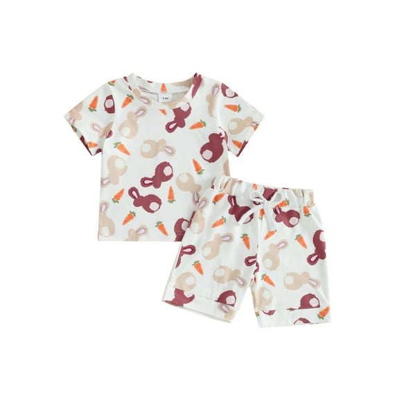 Bslissey Toddler Baby Girls Easter 2Pcs Outfits Bunny Carrot Print Short Sleeve T-shirt Tops + Elastic Waist Shorts 6M 12M 18M 24M 3T Infant Summer Casual Shorts Sets
