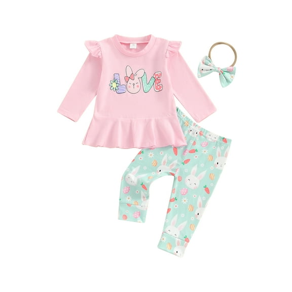 Bslissey Toddler Baby Girls Easter 3Pcs Outfits Ruffled Long Sleeve Letter Print T-shirt   Bunny Pattern Trousers   Headband 0-3T Infant Spring Casual Long Pants Sets