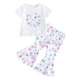 thumbnail image 1 of Bslissey Toddler Baby Girls Easter Pants Sets Bunny Floral Print Short Sleeve Tassel Hem T-shirt + Flared Pants + Headband 9M-4T Kids Casual Summer 3Pcs Outfits, 1 of 9
