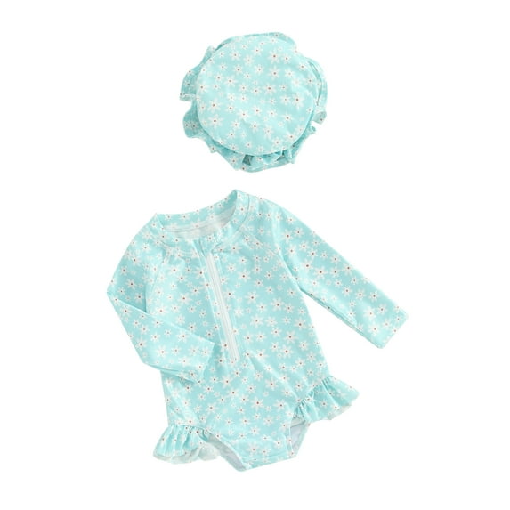 Bslissey Toddler Baby Girls Rash Guard Romper Swimsuit Floral Print Long Sleeve Ruffles Bikini Infant Cute Zipper Bathing Suit with Swim Cap Summer Swimwear 6M-3T