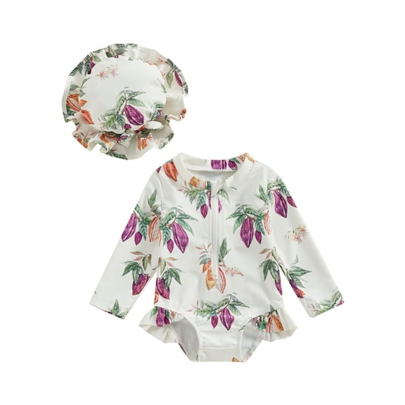 Bslissey Toddler Baby Girls Rash Guard Swimsuit Fruit Frint Long Sleeve Zipper Bathing Suit Infant Casual Ruffle Romper Swimwear with Sun Hat 6M-3T Summer Beach Wear