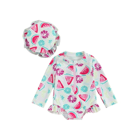 Bslissey Toddler Baby Girls Rash Guard Swimsuit Romper Watermelon Print Long Sleeve Ruffles Bathing Suit Infant Summer Cute Zipper Swimwear with Swim Cap 6M-3T