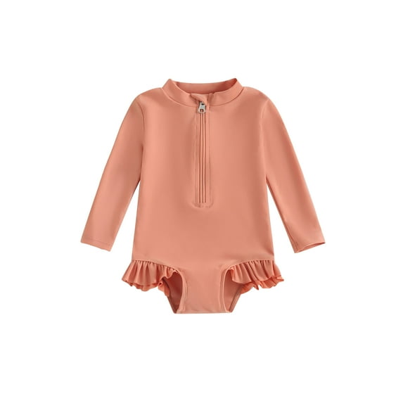 Bslissey Toddler Baby Girls Rash Guard Swimsuit Solid Color Long Sleeve Ruffles Romper Swimwear 6M 12M 18M 24M 3T 4T Kids Casual Zipper Bathing Suit Summer Beach Wear