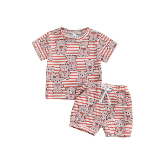 Bslissey Toddler Baby Girls Short Pants Sets 6M 12M 18M 24M 3T Bear Stripe Print Short Sleeve T-Shirt + Elastic Waist Shorts 2Pcs Outfits Infant Casual Summer Clothes