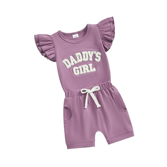 Bslissey Toddler Baby Girls Shorts Sets Fly Sleeve T-shirt Fuzzy Letter Embroidery Tops + Elastic Waist Shorts 6M 12M 18M 24M 3T Infant Summer 2Pcs Casual Outfits