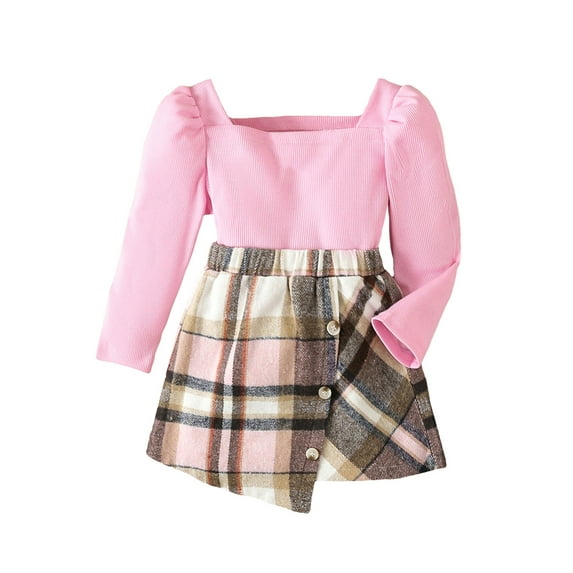 Bslissey Toddler Baby Girls Skirts Sets Infant Pink Long Sleeve Square Neck Ribbed Tops + Button Plaid Skirt 2Pcs Sweet Outfits Kids Casual Daily Clothes 6M-4T