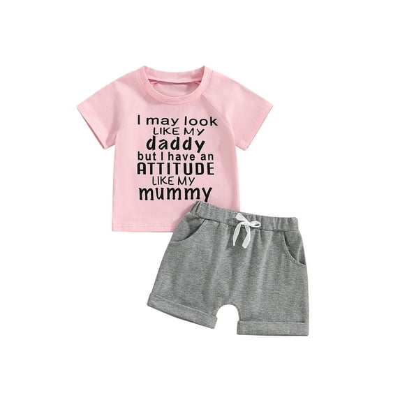 Bslissey Toddler Baby Girls Summer 2Pcs Outfits Short Sleeve Letter Print T-shirt Tops + Solid Color Drawstring Shorts 6M 12M 18M 24M 3T 4T Kids Casual Short Pants Sets