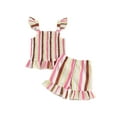 thumbnail image 1 of Bslissey Toddler Baby Girls Summer 2Pcs Outfits Striped Print Sleeveless Shirred Cami Tops + Elastic Waist Frill Trim Shorts 6M 12M 18M 24M 3T 4T Kids Casual Shorts Sets, 1 of 8