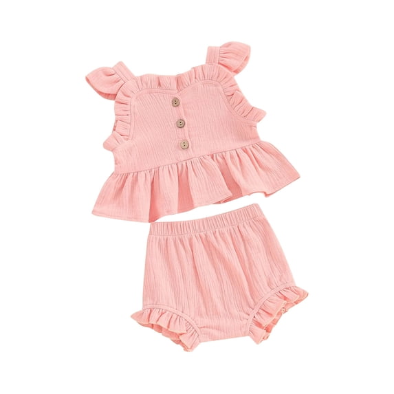 Bslissey Toddler Baby Girls Summer Clothes Fly Sleeve Button Ruffle Tops + Elastic Waist Shorts 2Pcs Outfits Infant Casual Solid Color Shorts Sets 6M 12M 18M 24M 3T