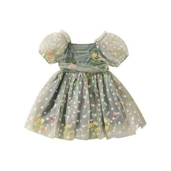 Bslissey Toddler Baby Girls Summer Dress Little Girl Flower Embroidered Short Sleeve Ruched Mesh A-line Dress 6M-4T Kids Cute Princess Dress for Casual Daily