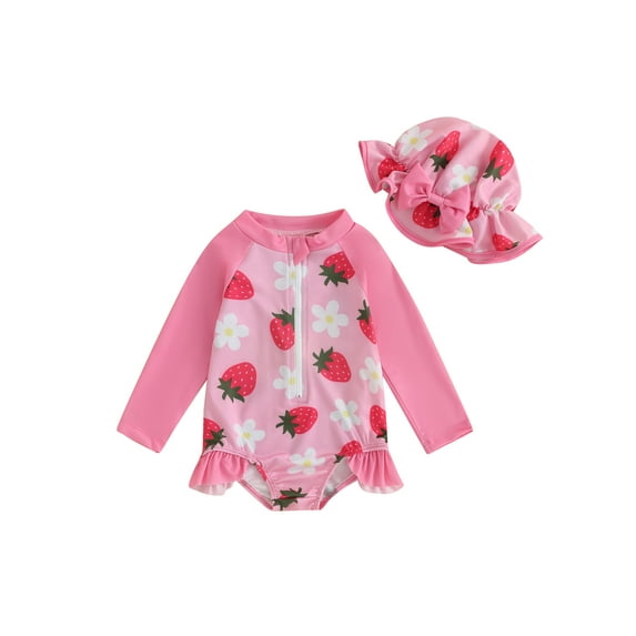 Bslissey Toddler Baby Girls Summer One Piece Swimsuit Long Sleeve Strawberry/Flower Print Romper Swimwear Infant Crew Neck Zipper Bikini Bathing with Hat 3M-3T