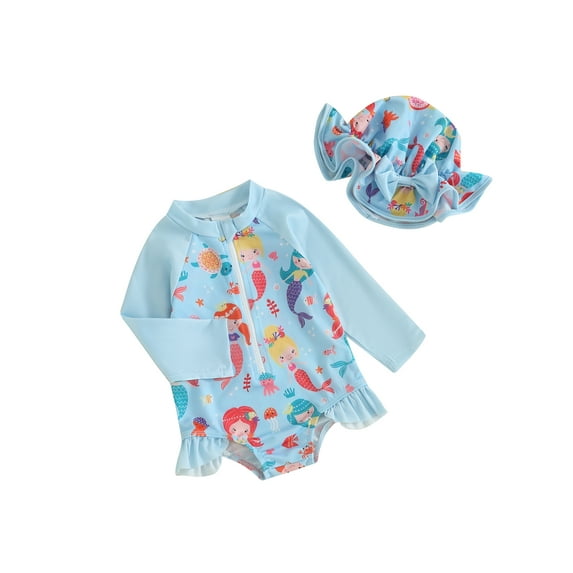 Bslissey Toddler Baby Girls Summer One Piece Swimsuit Long Sleeve Strawberry/Flower Print Romper Swimwear Infant Crew Neck Zipper Bikini Bathing with Hat 3M-3T