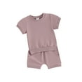 thumbnail image 1 of Bslissey Toddler Baby Girls Summer Outfits Short Solid Color Sleeve T-shirt Tops with Elastic Waist Shorts 6M 12M 18M 24M 3T Infant Casual 2Pcs Clothes Sets, 1 of 9