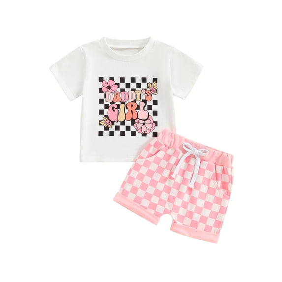 Bslissey Toddler Baby Girls Summer Shorts Sets Short Sleeve Letter Flower Print T-shirt Tops + Elastic Waist Checkerboard Shorts 3M-3T Infant Casual 2Pcs Outfits