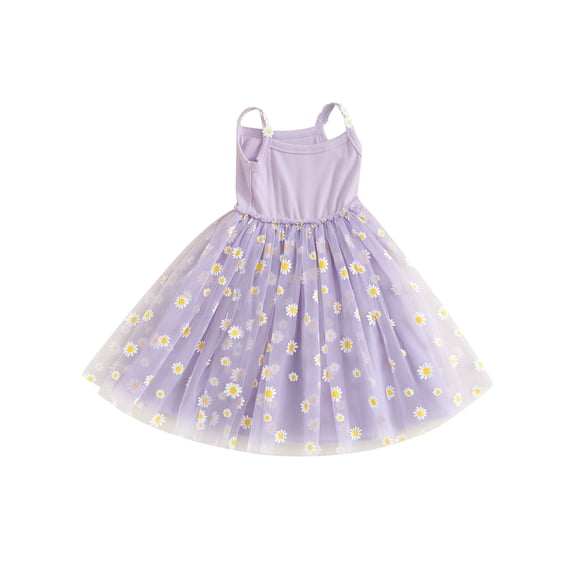 Bslissey Toddler Baby Girls Summer Sling Dress Daisy Print Mesh Patchwork Sleeveless A-line Dress 6M 9M 12M 18M 24M 3T 4T Kids Casual Sweet Princess Dress for Beach Party