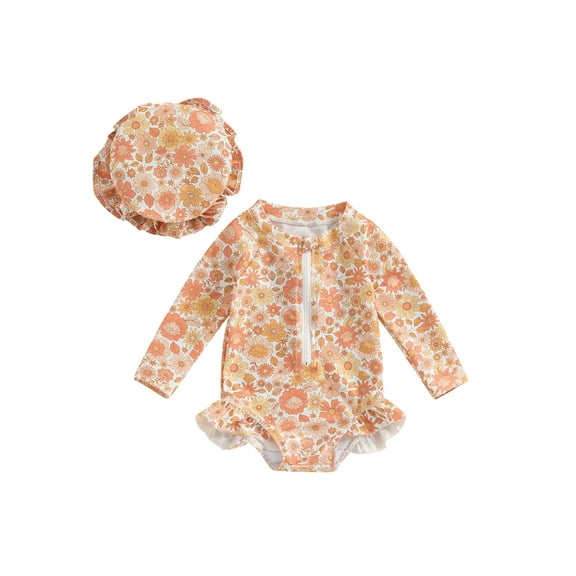 Bslissey Toddler Baby Girls Swimsuit 2Pcs Flower Print Long Sleeve Zipper Romper Swimwear   Bow Swimming Cap 6M 9M 12M 18M 24M 3T Infant Summer Bathing Suit Beach Wear