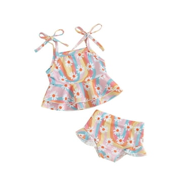 Bslissey Toddler Baby Girls Swimsuits Outfits Sleeveless Flower Print Layered Hem Tie Up Tops   Shorts 2Pcs Bikini Set Infant Cute Bathing Suit Beach Wear 3M-3T