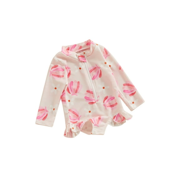 Bslissey Toddler Baby Rash Guard Swimsuit Romper Flower Print Long Sleeve Ruffles Zipper Bathing Suit 6M 12M 18M 24M 3T 4T Kids Summer Cute One Piece Swimwear Beach Wear