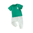 thumbnail image 1 of Bslissey Toddler Boys Pants Set Short Sleeve Letter Shamrock Print Crew Neck T-shirt Casual Long Pants 6M 12M 18M 24M 3T Infant Boy 2Pcs Ireland Festival Outfits, 1 of 8