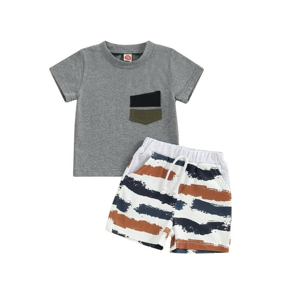 Bslissey Toddler Boys Short Pants Sets Short Sleeve Pocket Patchwork T-shirt Tops + Striped Print Shorts 2Pcs Outfits Infant Baby Casual Summer Clothes 0-4 Years