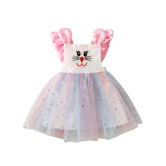 Bslissey Toddler Girls Easter Dress Sleeveless Sequins Embroidery Bunny A-line Dress Infant Baby Summer Casual Mesh Tulle Princess Dress for Daily Party 6M-4T