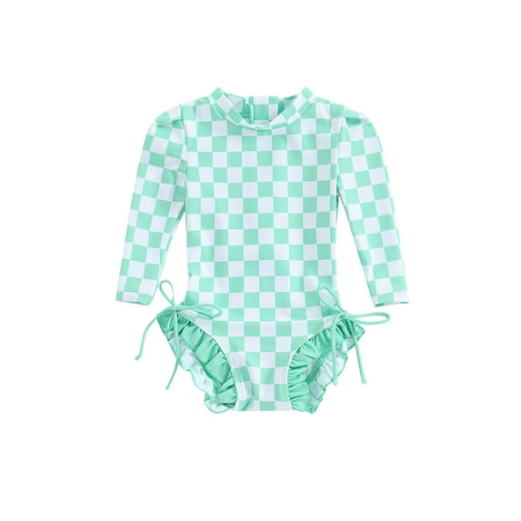Bslissey Toddler Girls One Piece Swimsuit Checkerboard Print Long Sleeve Romper Swimwear Infant Cute Ruffle Trim Bikini Bathing Suit 6M-4T Kids Summer Beach Wear