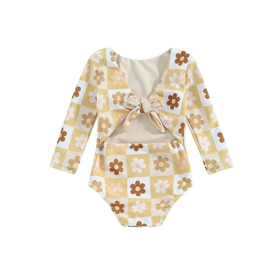Bslissey Toddler Girls One Piece Swimsuit Floral Print Long Sleeve Bikini Swimwear Infant Baby Knotted Backless Jumpsuit 6M-4T Kids Summer Bathing Suit Beachwear