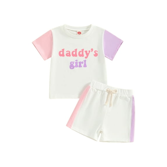Bslissey Toddler Girls Summer Clothes Short Sleeve Letter Print T-shirt + Contrast Color Shorts 2Pcs Outfits Infant Baby Casual Short Pants Sets 6M 12M 18M 24M 3T 4T