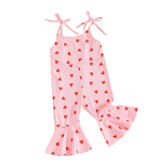Bslissey Toddler Girls Valentine's Day Overalls Heart Print Sleeveless Tie-Up Straps Bell-Bottoms Romper Kids Casual Sweet Flare Jumpsuit for Summer 12M 18M 24M 3T 4T 5T