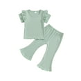 thumbnail image 1 of Bslissey Toddler Kids Girls Pants Set Fly Sleeve Crew Neck Rib T-shirts Casual Elastic Waist Flare Pants 12M 18M 24M 3T 4T 5T Little Girl Solid Color 2Pcs Daily Outfits, 1 of 9