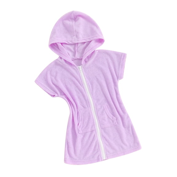 Bslissey Toddler Kids Girls Swim Cover Up Solid Color Short Sleeve Zipper Hooded Bathrobe Little Girls Casual Summer Bathing Suit Beach Cover-up 1T 2T 3T 4T 5T 6T 7T 8T