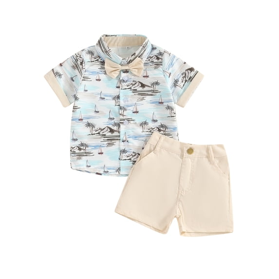 Bslissey Toddler Little Boys 2Pcs Gentlemen Outfits Tree Print Short Sleeve Button Bowtie Shirt + Solid Color Shorts 6M 12M 18M 24M 3T 4T Kids Summer Daily Clothes