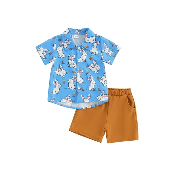 Bslissey Toddler Little Boys Easter 2Pcs Outfits Short Sleeve Bunny Carrot Print Button Shirt Tops Pocket Shorts 12M 18M 24M 3T 4T 5T Kids Casual Summer Shorts Sets
