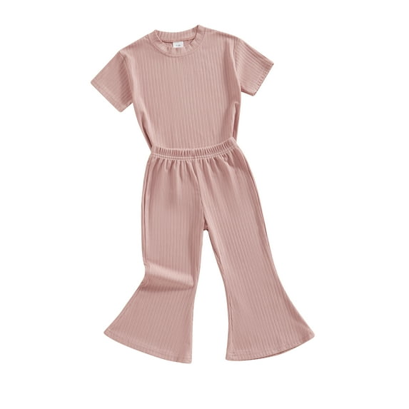 Bslissey Toddler Little Girls 2Pcs Summer Outfits Short Sleeve Ribbed T-shirt Tops + Elastic Band Flare Pants 12M 18M 24M 3T 4T 5T Kids Casual Long Pants Sets