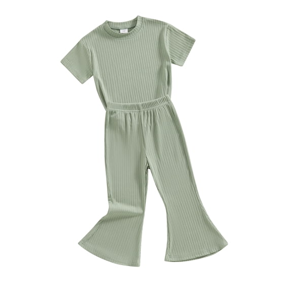 Bslissey Toddler Little Girls 2Pcs Summer Outfits Short Sleeve Ribbed T-shirt Tops + Elastic Band Flare Pants 12M 18M 24M 3T 4T 5T Kids Casual Long Pants Sets